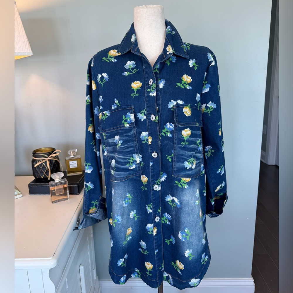 Denim Floral  Shirt Dress Long Sleeve women’s SS Cxl